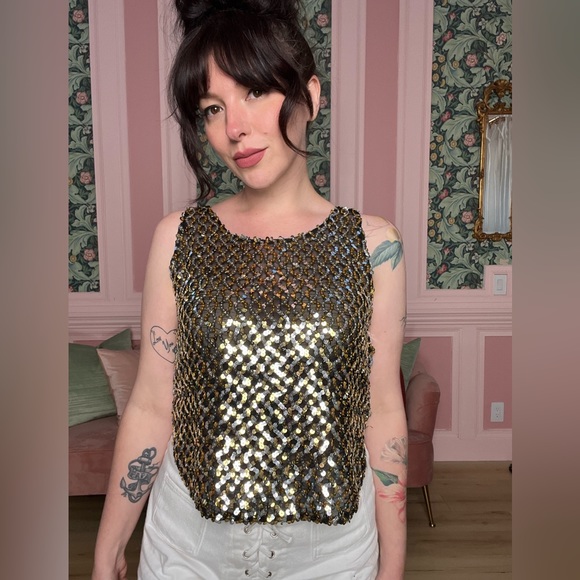 Vintage 70s disco Barbara katz gold and silver sequin on a sheer black tank top - Picture 2 of 5